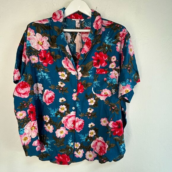 Victoria's Secret Womens Floral Short Sleeve Button-Up Pajama Shirt XXL Blue New - Picture 1 of 7